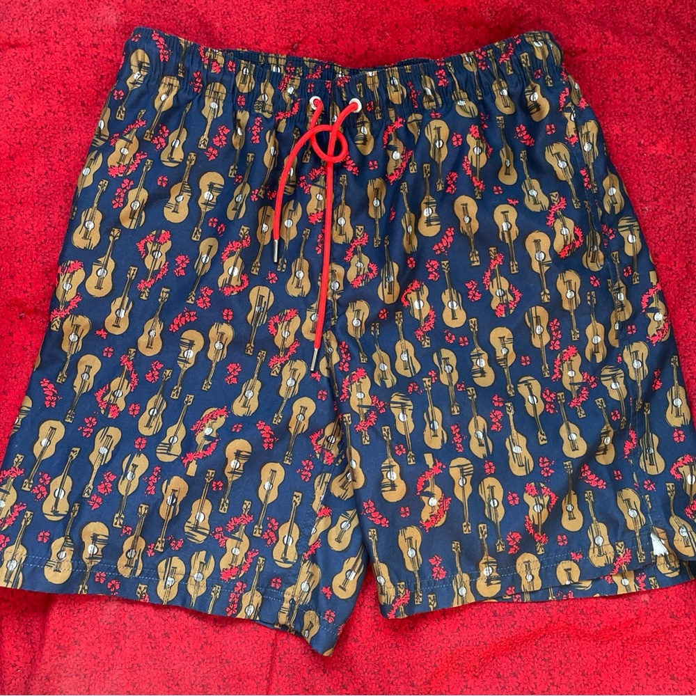 Lands' End Ukulele Guitar Print Swim Shorts with Red Drawstring Sz 32-34